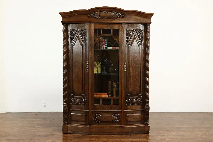 Main image of Renaissance Carved German Antique Oak China Cabinet or Office Bookcase