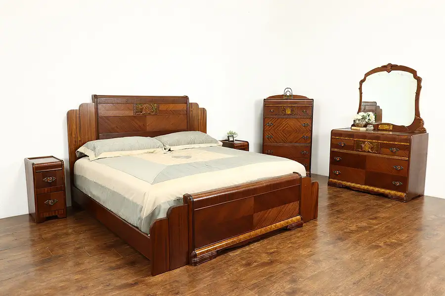 Main image of Art Deco Waterfall Design Vintage 5 Pc. Bedroom Set, King Size Bed