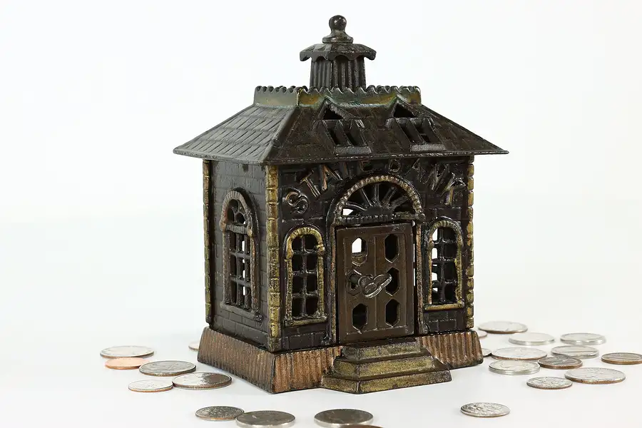 Main image of Victorian Cast Iron Antique State Bank Coin Bank, Lock & Key
