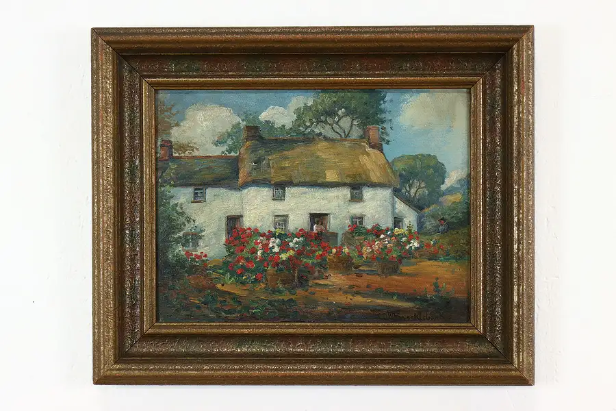 Main image of Thatched Cottage & Garden Antique Original Oil Painting Brocklebank 21.5"
