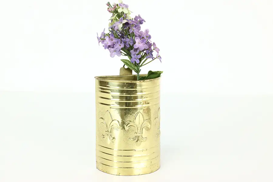 Main image of Fleur de Lis Vintage Wall Hanging Brass Planter or Wall Pocket