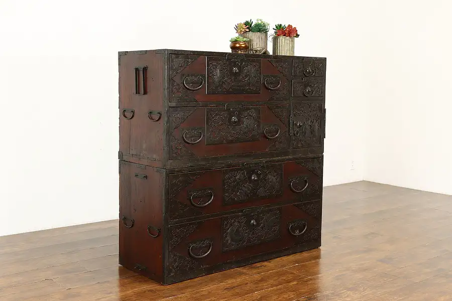 Main image of Chinese Antique Teak & Iron Stacking Campaign Chests, Secret Box