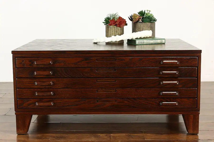 Main image of Oak Vintage 5 Drawer File Industrial Map or Collector Chest, Coffee Table