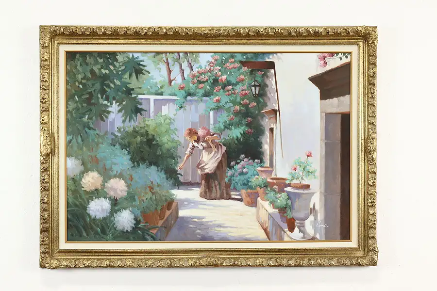 Main image of In a Garden Courtyard Vintage Original Oil Painting, Candi 42.5"