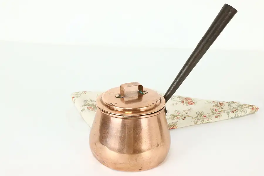 Main image of Farmhouse Antique Small Copper Sauce Pot with Lid, Iron Handle