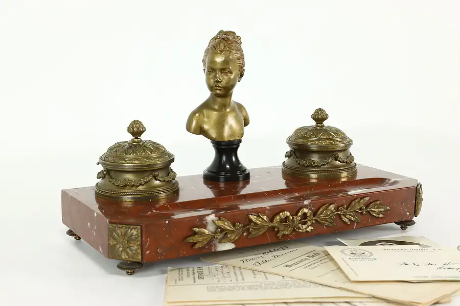 Main image of French Antique Marble & Bronze Desk Inkwell, Sculpture Bust after Houdon