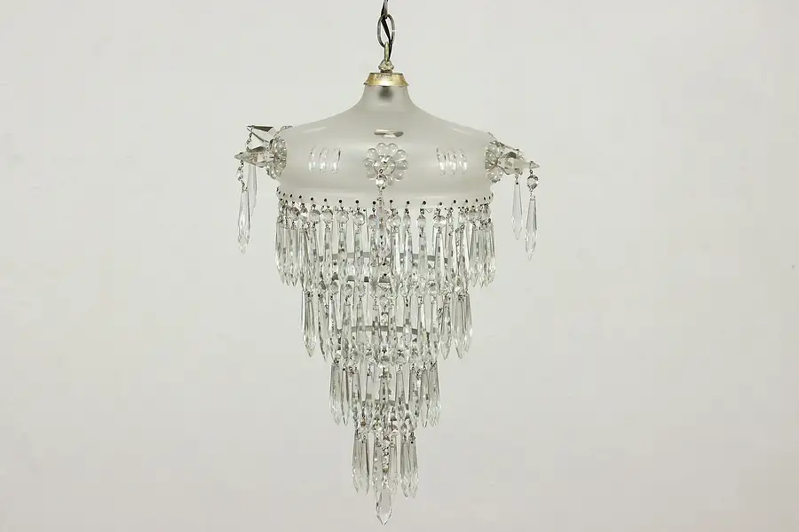 Main image of Art Deco Antique Crystal Chandelier, Frosted Glass Dome Shade