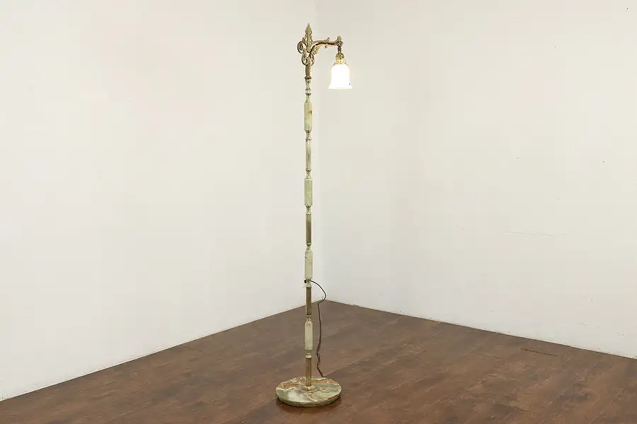 Main image of Art Deco Antique Brass & Onyx Bridge Reading Floor Lamp