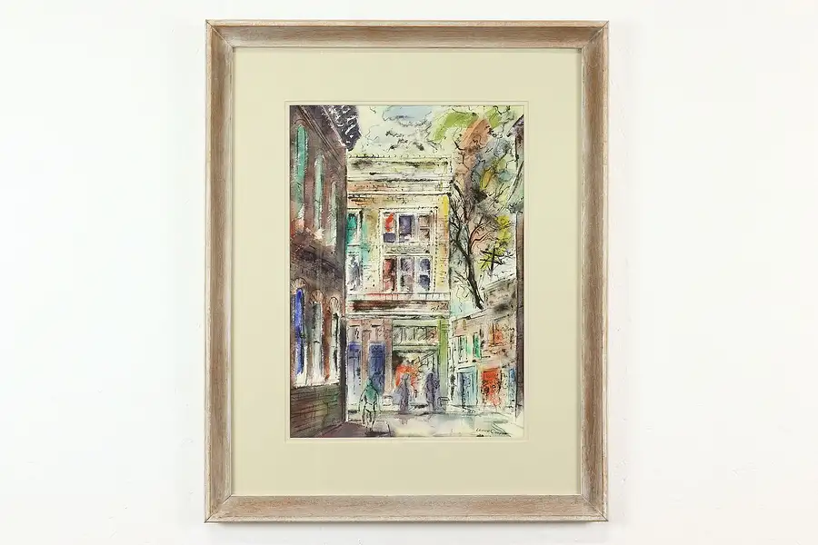 Main image of Busy Street Scene Vintage Original Watercolor & Ink Painting Cooper 30.5"