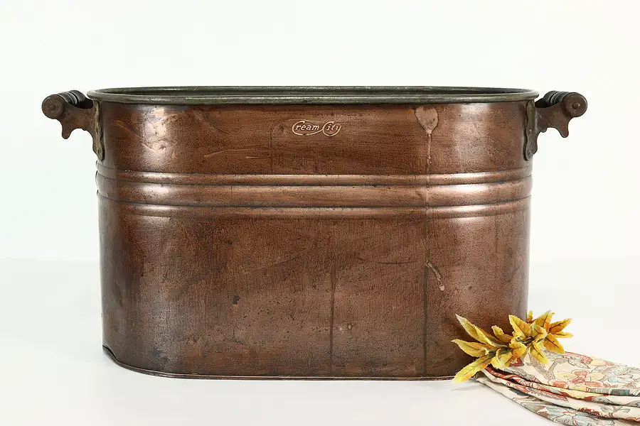 Main image of Farmhouse Antique Copper Wash Boiler, Fireplace Hearth Kindling Tub