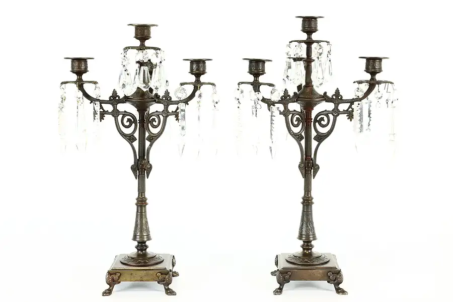 Main image of Pair of Victorian Antique 4 Candle Iron & Crystal Candelabras, Paw Feet