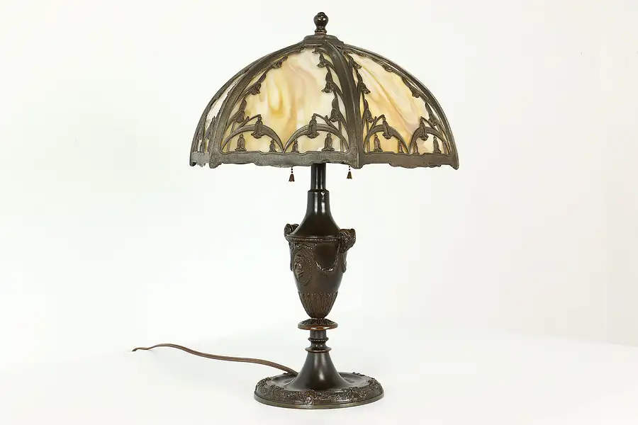 Main image of Neoclassical 6 Panel Stained Glass Shade Antique Office or Library Lamp