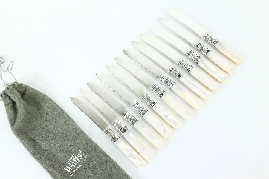 Main image of Victorian Antique Set of 12 Silver & Pearl Fruit or Cheese Knives Landers