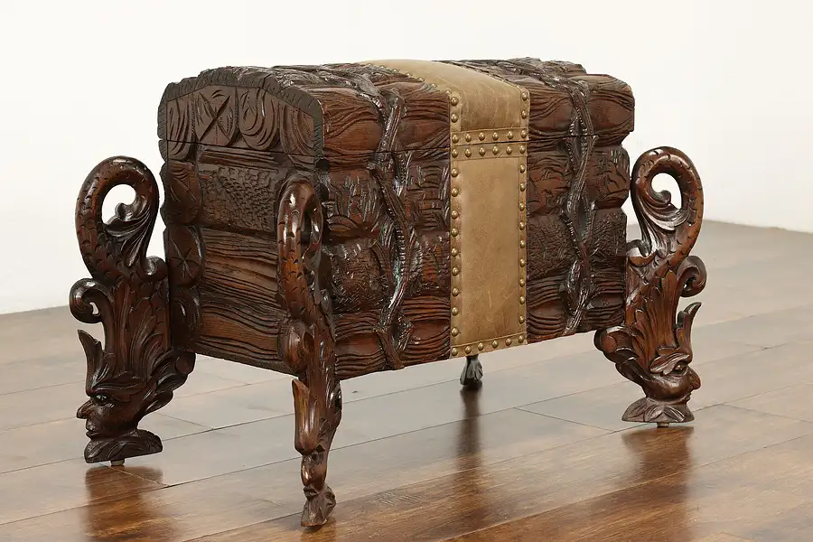 Main image of Swiss Pine Antique Dowry Chest or Trunk, Hand Carved Figures, Leather