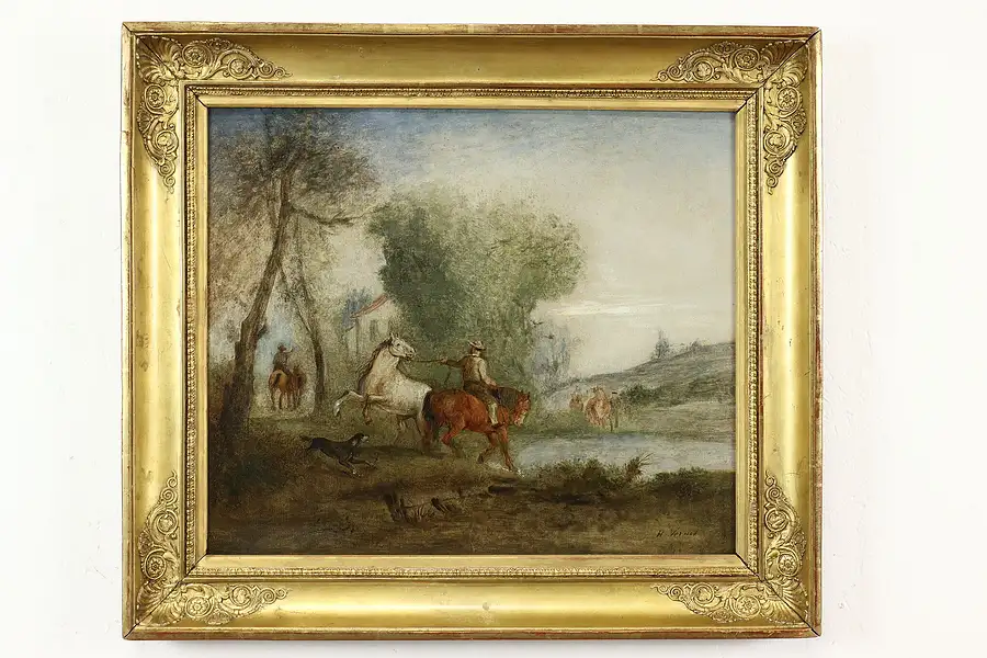 Main image of Taming a Wild Horse Victorian Antique Original Oil Painting, Vernet 26.5"