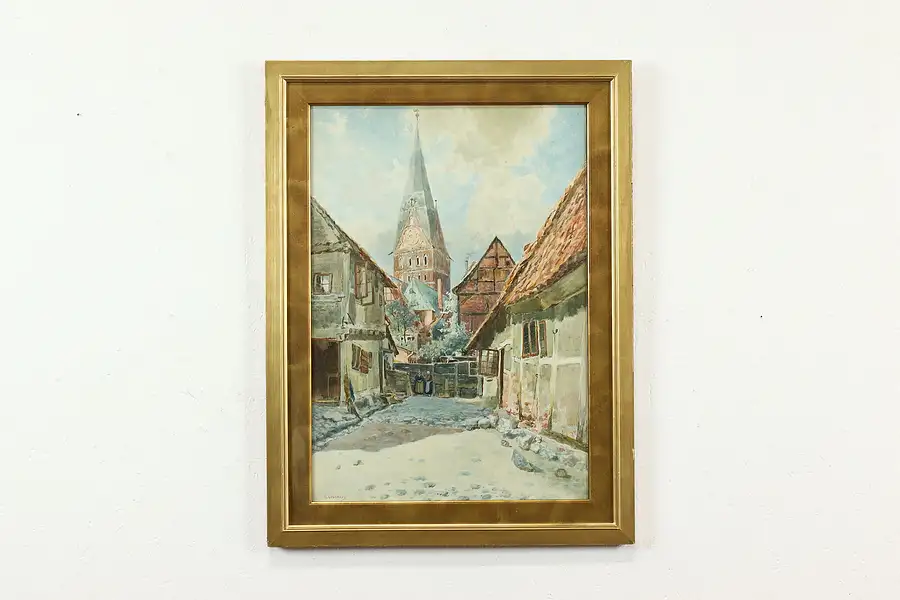 Main image of Village Street Scene Antique Original Watercolor Painting, Clusmann 28"