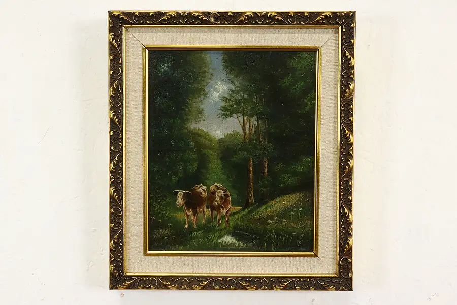 Main image of Cows Wandering in a Forest Antique Original Oil Painting Modern Frame 14"