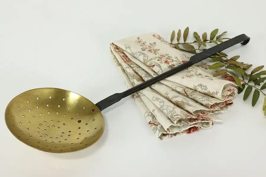 Main image of Farmhouse Antique Brass & Wrought Iron Strainer Skimmer Wall Hanger
