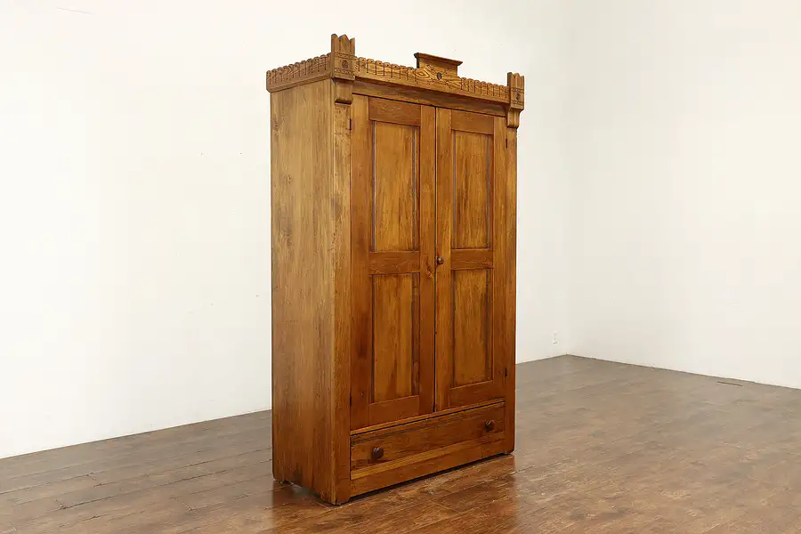 Main image of Victorian Eastlake Farmhouse Antique Armoire, Wardrobe, or Closet