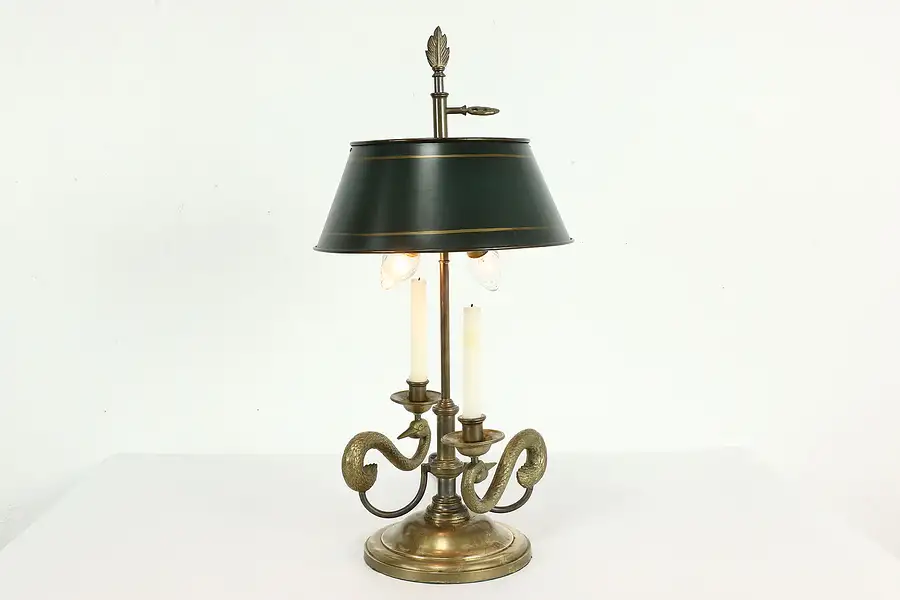 Main image of Swan Bouillotte Vintage Solid Brass Lamp, Tole Painted Shade, Chapman