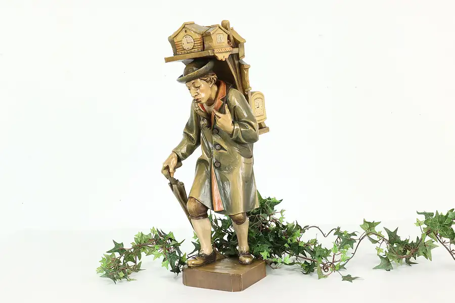 Main image of Hand Carved Vintage Smoking Clock Peddler Alpine 21" Sculpture