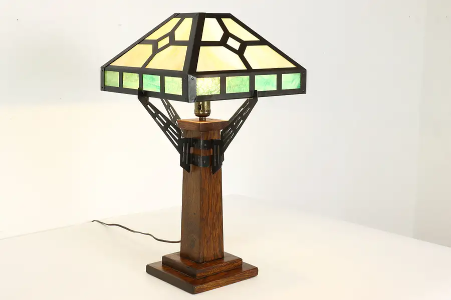 Main image of Arts & Crafts Mission Oak Antique Stained Glass Shade Office Desk Lamp