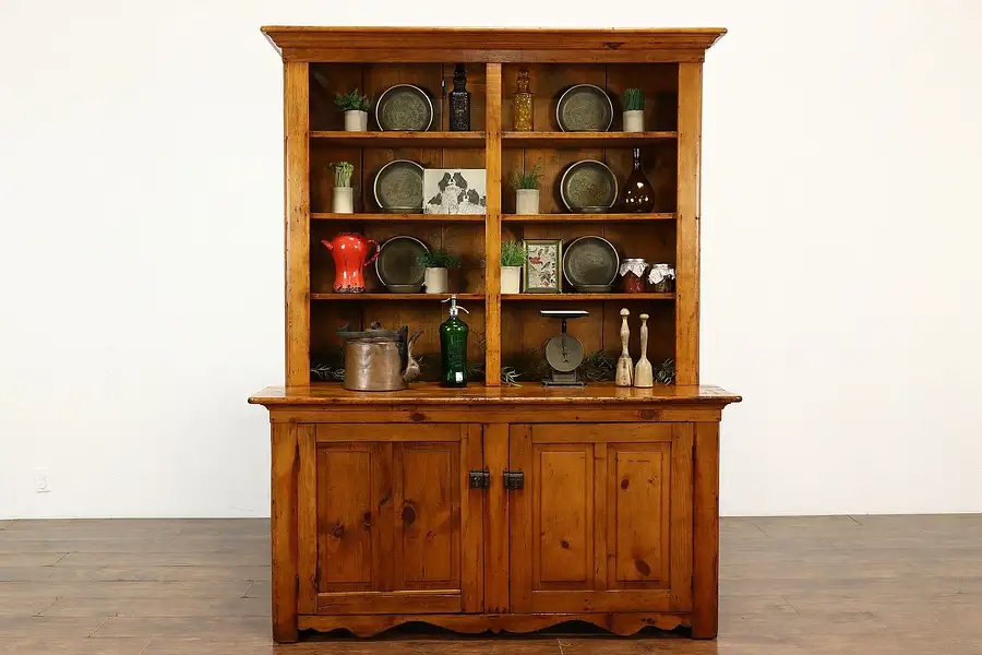 Main image of Farmhouse Antique Country Pine Carved Pewter Cabinet or Pantry Cupboard