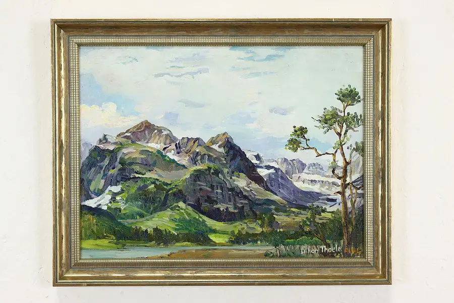 Main image of Summer Scene with Snowy Mountains Vintage Oil Painting, Thoele 18.5"