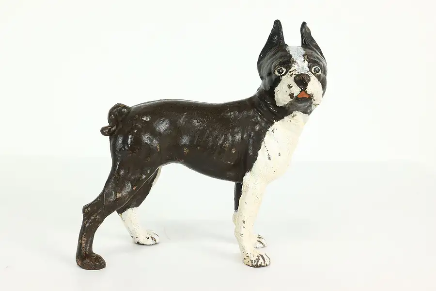 Main image of Farmhouse Antique Cast Iron Painted Boston Terrier Dog Statue Door Stop