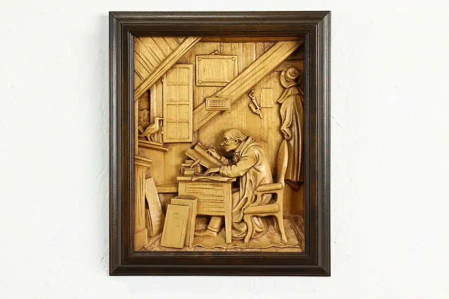 Main image of Scholar in Attic Reading German Vintage Carved Wall Plaque After Spitzweg