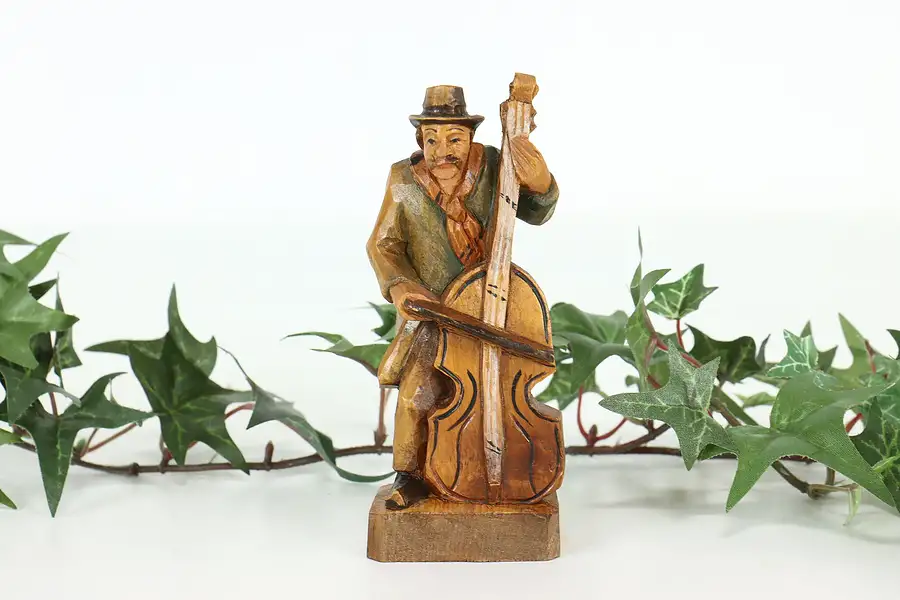 Main image of Man Playing Cello Hand Carved Vintage Alpine Sculpture