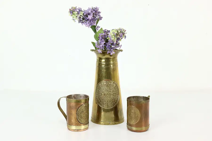 Main image of Copper & Brass Vintage Pitcher & 2 Mugs Set, Aztec Calendar Motif