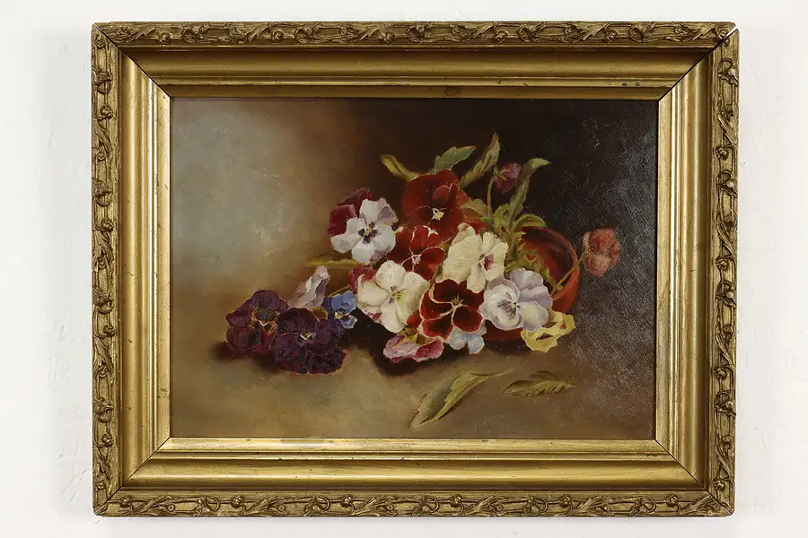 Main image of Victorian Still Life of Pansies Antique Original Oil Painting 19.5"