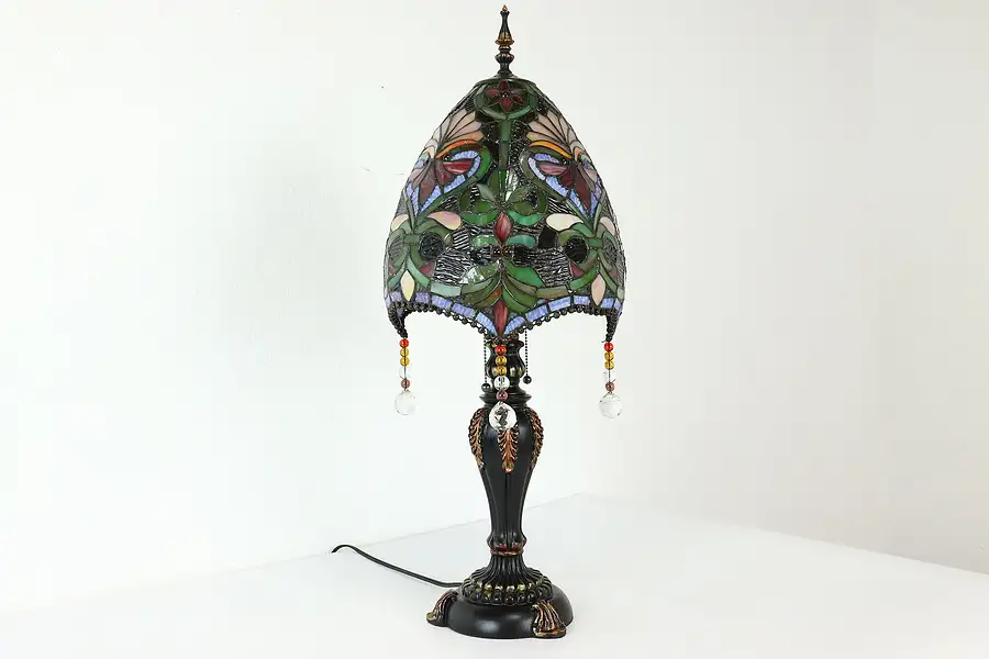 Main image of Hand Leaded Stained & Textured Glass Vintage Office or Library Lamp