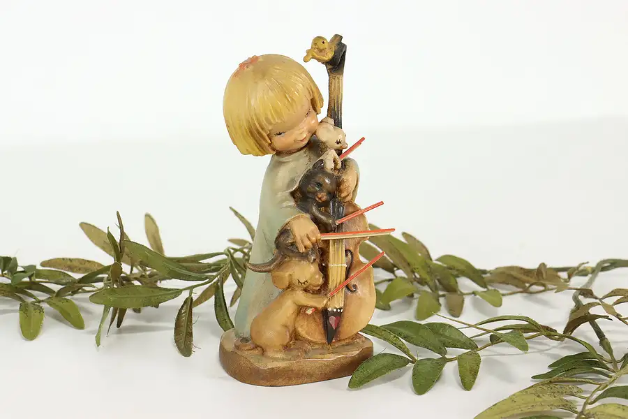 Main image of Hand Carved Vintage Young Girl Playing Cello with Pets Alpine Sculpture