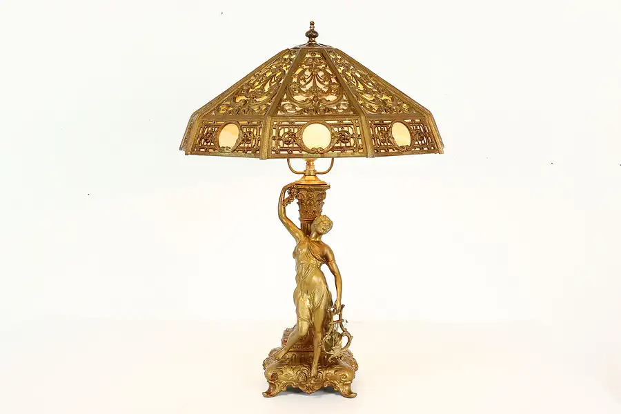 Main image of Neoclassical Antique Stained Glass Filigree Shade Office or Library Lamp