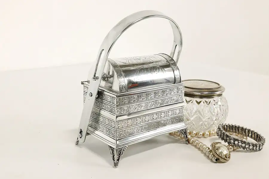 Main image of Victorian Antique Engraved Silverplate Triple Jewelry Box, Blue Velvet