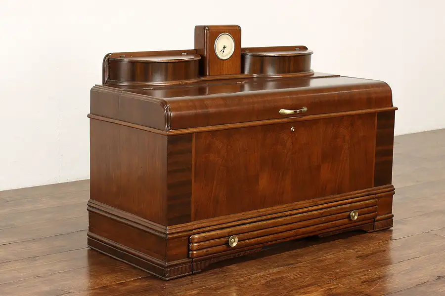 Main image of Art Deco Waterfall Vintage Walnut Cedar Blanket Chest, Quartz Clock, Roos