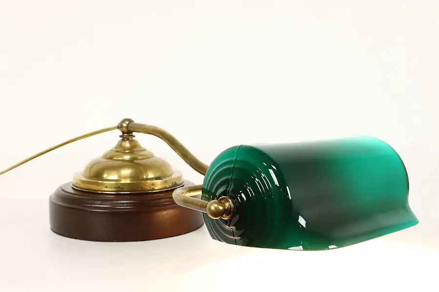 Main image of Antique Emerald Glass & Brass Piano or Roll Top Desk Lamp, Faries
