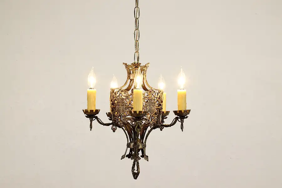 Main image of Gothic Antique Brass & Iron 5 Candle Chandelier, Coats of Arms