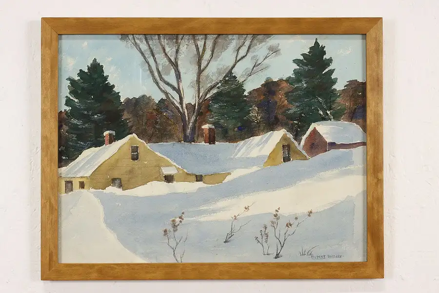 Main image of Snow Covered Houses Vintage Original Watercolor Painting, Lovejoy 22"