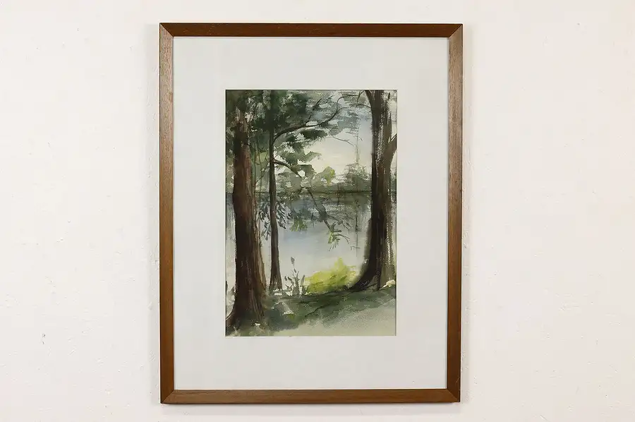 Main image of Springtime Trees on Lake Original Vintage Watercolor Painting 29.5"