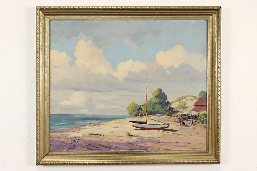 Main image of Sailboat on the Beach Vintage Original Oil Painting, Templeton 28"