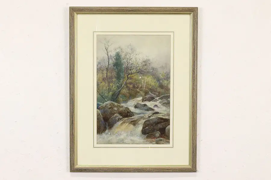 Main image of River Rapids & Forest Vintage Original Watercolor Painting Signed 22"