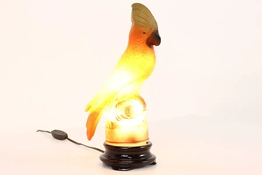Main image of Art Deco Vintage Parrot Sculpture Lamp Tiffin Glass