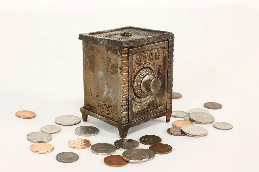 Main image of Victorian Cast Iron Antique Combination Safe Coin Bank, Star Safe