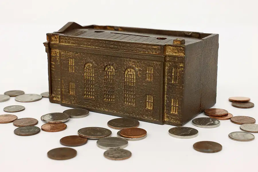Main image of Victorian Cast Iron Antique Harleysville National Bank Coin Bank