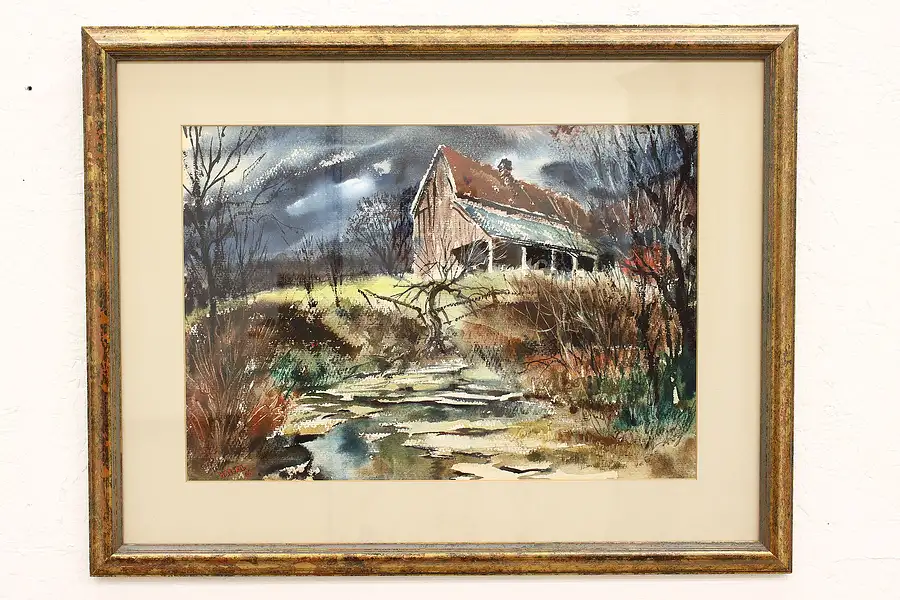 Main image of Barn in a Storm Vintage Original Watercolor Painting, Haeckel 28.5"