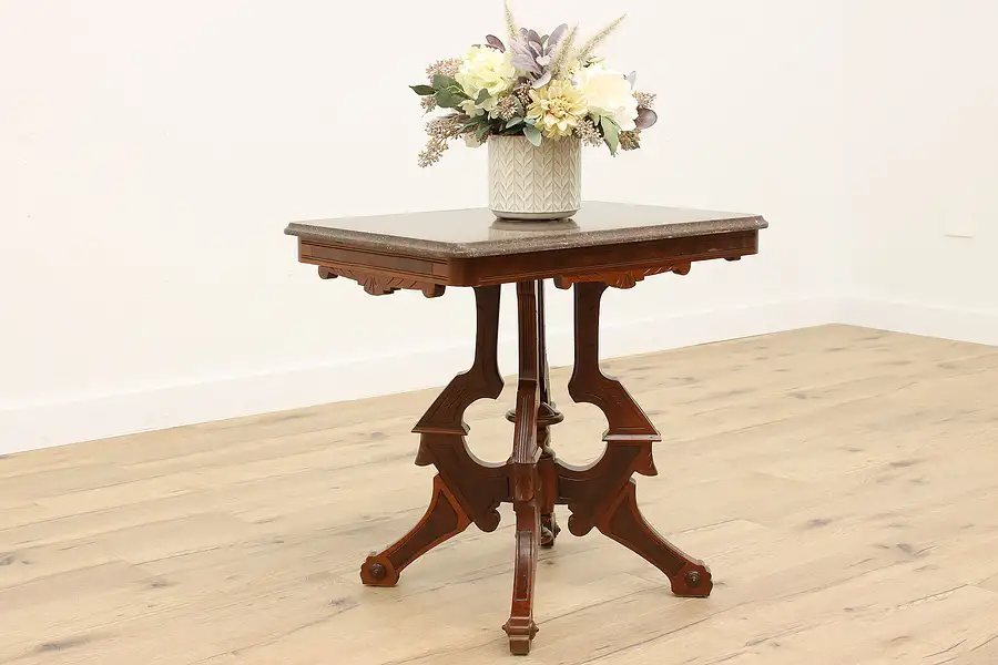 Main image of Victorian Eastlake Antique Marble Top Carved Walnut Parlor or Hall Table
