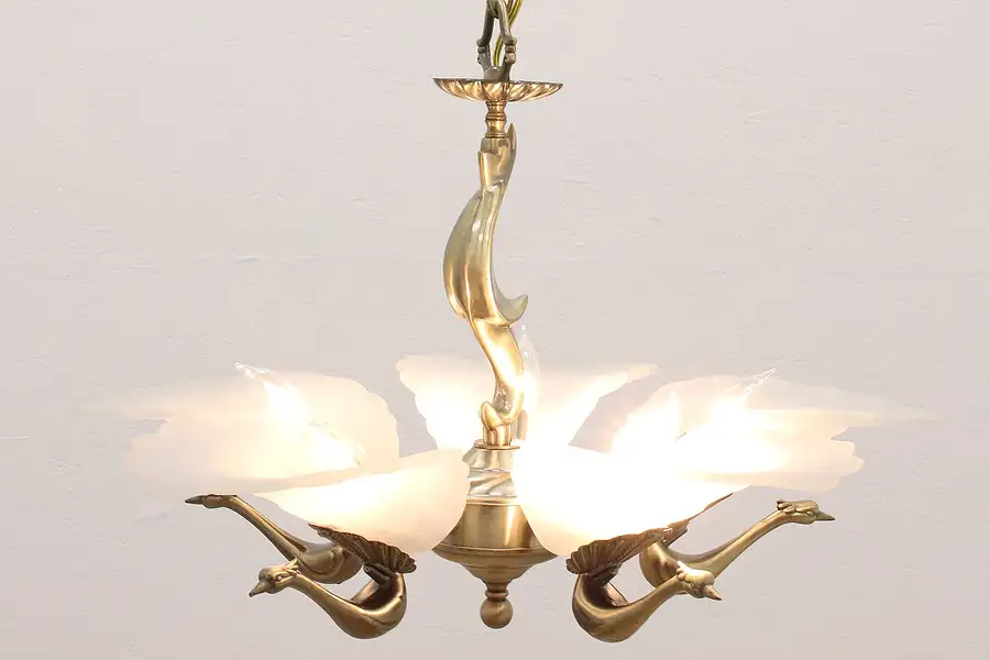 Main image of Art Deco Vintage Frosted Glass Shade 5 Light Chandelier, Peacocks